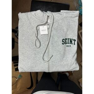 Seint Zip Up Hoodie Womens Medium Gray NWT Seint Univ Varsity Embroidered